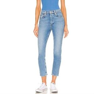 Re/Done Jeans Women's 90's High Rise Button Fly Ankle Crop 26 Faded Blue Y2K NWT